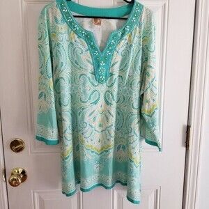 JM Collection Women's Tunic Sz 3XL Cotton V Neck Top Aqua Blue Green Beach
